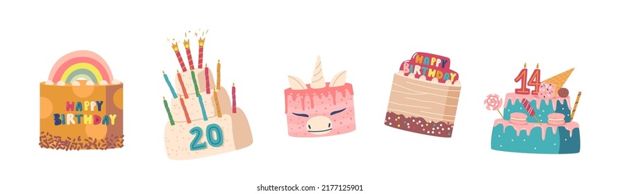 Set of Festive Birthday Cakes with Candles and Decoration. Rainbow, Unicorn Holiday Bakery for Party or Anniversary Celebration. Isolated Sweets and Pastry Dessert. Cartoon Vector Illustration