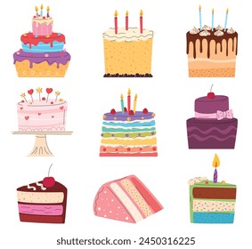 A set of festive birthday cakes. Sweet and delicious baked dessert. Birthday party. Vector illustration