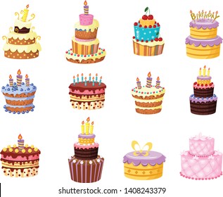 set of festive birthday cakes vector illustration