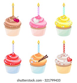 Set of festive birthday cupcakes with burning candles 