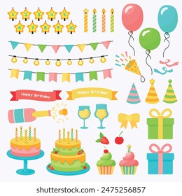 set of festive birthday elements: cakes, balloons, candles, gifts, confetti, and garlands. Bright and cheerful icons for decorating and designing events, parties, and celebrations