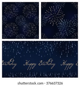 set of festive birthday firework seamless pattern bursting in various shapes sparkling on black background vector