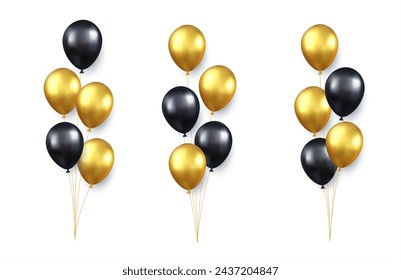 Set of festive bouquets of gold, black balloons isolated on white background. Color glossy flying baloon, ribbon, birthday celebrate, surprise. 3d rendering. Vector illustration