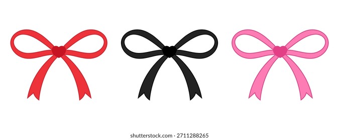 Conjunto de cintas de lazo festivo decorado con corazón. Arco de regalo. Ilustración vectorial