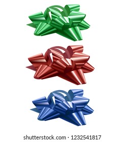 Set of festive bows of blue, red and green colors on white background, vector illustration