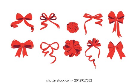 Set of festive bows for gifts, banners, cards, decor. Christmas festive gift decoration. Valentine's Day. Vector.