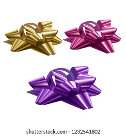 Set of festive bows of purple, pink and yellow colors on white background, vector illustration