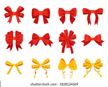 Set of festive bows in red and yellow colors. Objects for decorating Christmas gifts