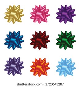 Set of festive bows of ribbons. Isolated objects on a white background, vector illustration
