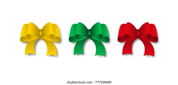 Set of festive bows with shadow of red, green and yellow. Vector illustration