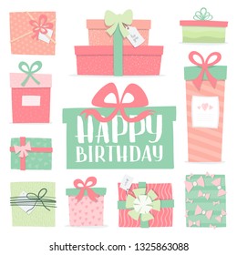 Set of festive boxes isolated on white background with bows and ribbons. Gifts for Christmas, New Year, Birthday, Weddings and other holidays. Vector illustration.