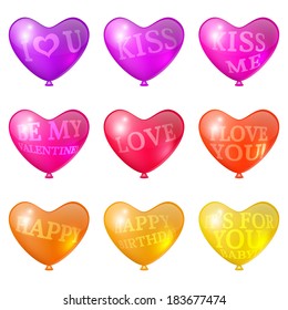 Set a festive bright balloons in the shape of heart with holiday inscriptions