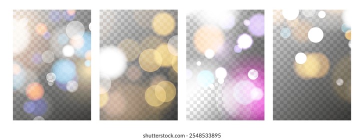 Conjunto de luces bokeh brillantes festivas. Abstractas diseños de superposición borrosos. Efecto de luz borrosa vibrante. Fondo transparente. Ilustración vectorial.