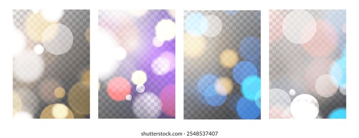 Conjunto de luces bokeh brillantes festivas. Fondo transparente. Abstractas diseños de superposición borrosos. Efecto de luz borrosa vibrante. Ilustración vectorial.