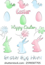 Set of festive bunnies, birds, flowers and eggs in watercolor style with line. Creative Easter vector illustration with eggs, birds, spring flowers and bunnies. Modern posters for party decoration