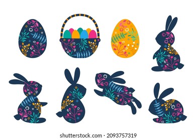 set of festive bunnies, easter eggs and egg baskets in modern floral style. grass, flowers and branches. vector illustration isolated on white background