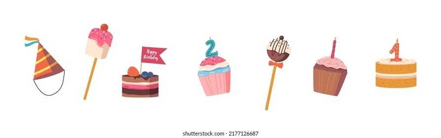 Set of Festive Cakes, Birthday Cupcakes, Baby Shower or Kids Holiday Pastry. Party Hat for Anniversary Celebration. Bakery, Sweets on Sticks Isolated Elements Collection. Cartoon Vector Illustration