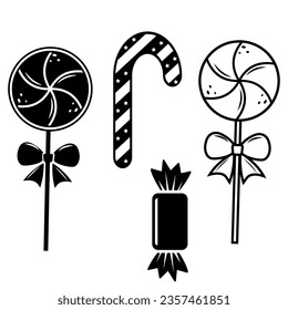 Set of festive candies, black silhouette, contour, doodle style