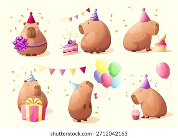 Conjunto de capibaras festivas sobre un fondo blanco. Estilo de dibujos animados. Vector.
