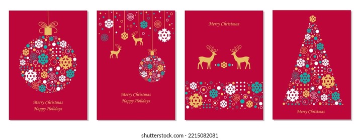 Set of festive cards and invitations with Merry Christmas on a red background. Templates with Christmas tree, snowflakes, Christmas balls, deer and copy space. Vector illustration.