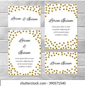 Set of festive cards templates with gold  dots on white background