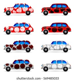 Set of festive cars with a pattern of hearts