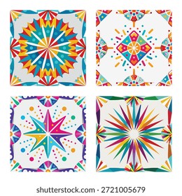 Conjunto de patrones de celebración festiva con vibrantes explosiones estelares coloridas, fuegos artificiales geométricos Abstractas y Ilustraciones de mandala de caleidoscopio simétrico