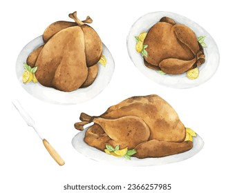 Set of Festive celebration roasted turkey for Thanksgiving Day or Christmas. Watercolor illustration.