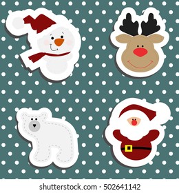 Set a festive children's Christmas stickers. New year collection of label templates and decals for decorating greeting or gift. Baby  vector illustration.