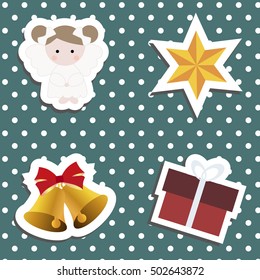 Set a festive children's Christmas stickers. New year collection of label templates and decals for decorating greeting or gift. There is an angel girl, gift box, bell and star . vector illustration.