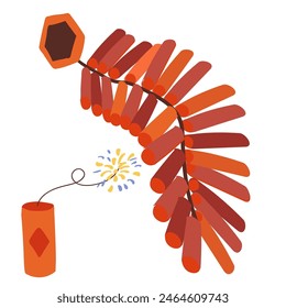 A set of festive Chinese New Year firecrackers. Insulated on white and red, explode with flashes and smoke. Good Luck and Double love. Vector illustration.