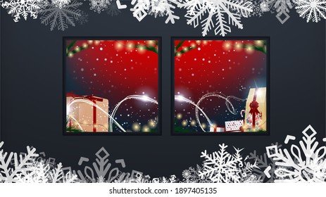 Establecer fondo de navidad festiva. Cae copos de nieve. Regalos de Año Nuevo.  Feliz Navidad y Feliz Año Nuevo. De color. Vacaciones de invierno le dan regalos realistas. Ilustración vectorial