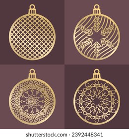Set of festive Christmas balls. Template for laser cutting, plotter cutting or printing on paper. Wood  carving, plywood. Vector image.