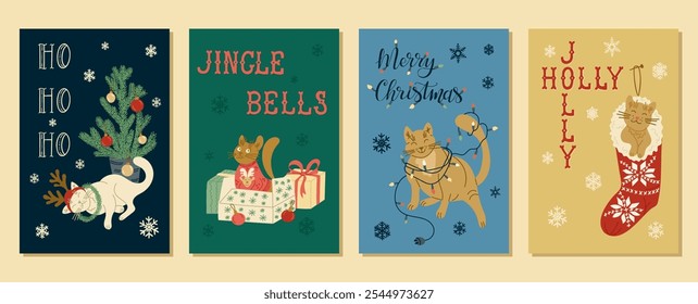 Set of festive Christmas banner with funny cats in holiday scenes with slogan as Ho Ho Ho, Jingle Bells, Merry Christmas and Jolly Holly. Vector illustrations in flat style on colorful backgrounds