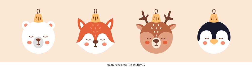 Set of festive Christmas baubles featuring adorable animals like a reindeer, bear, penguin, and fox. Perfect cute holiday tree decorative toys. Christmas ornaments collection.