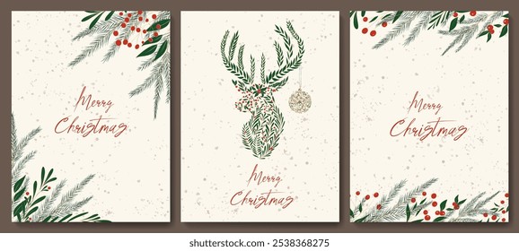 Set of festive Christmas cards with leaves and berries and deer in snowflakes. Templates with a festive pattern for decorating wallpaper, print, invitations, greetings. Merry Christmas