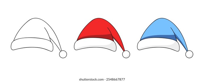 A set of festive Christmas colorful Santa hats isolated on a white background hand-drawn, vector. New Year's headdress, bright cap with contour for decoration, fun, party.