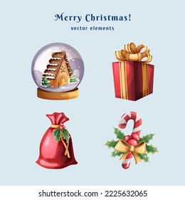 Set of festive Christmas decorations. Christmas time vector realistic elements. Сandy cane, gift box, Santa's sack, snow globe, holly leaves with berries. Christmas seasonal card, winter holidays