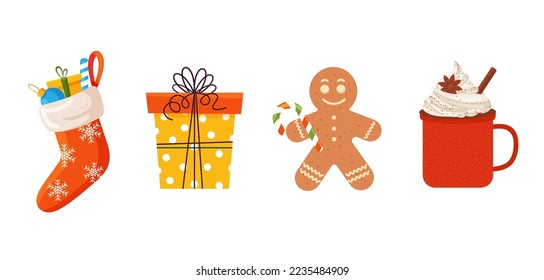 Set of festive Christmas elements on a white horizontal background. Christmas sock with gifts, gingerbread man, mug of hot drinks with cream, gift box. Vector flat illustration