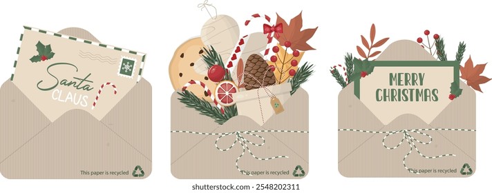 set of Festive Christmas Envelopes. Christmas Envelope set. Santa Claus letter. Sustainable letters. Eco-friendly christmas envelope collection on transparent background. Png 