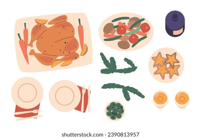 Set Of Festive Christmas Foods And Items. Turkey And Meals On Plates, Elegant Red And Green Decor, Cartoon Vector Icons