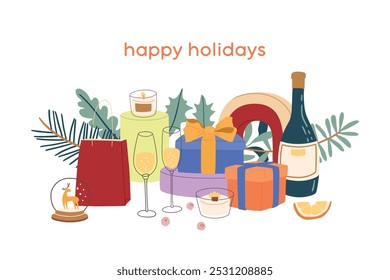 Set of festive Christmas gifts featuring wrapped presents, a bottle of wine, champagne glasses, and seasonal decor. Modern flat vector clipart, perfect for holiday designs and greetings.