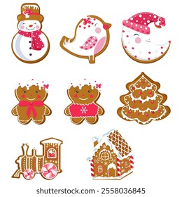 A set of festive Christmas gingerbread. House, a snowman, a locomotive, a bird, a mans, a tree, a month on a white isolated background. For decoration, packing. Vector illustration.