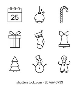 Set of festive Christmas and New Year icons. Vector linear icons. Editable stroke. 