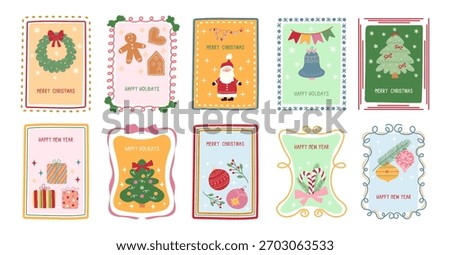 A set of festive Christmas and New Year greeting cards. Hand-drawn holiday wishes. Vector.