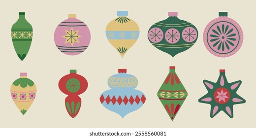 Set of festive Christmas ornament collection in vibrant holiday colors. Winter holiday decorations stickers, retro cartoon flat Christmas balls design concept