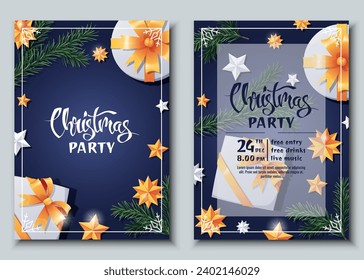 Set of festive Christmas party invitation templates. Flyer, poster with gift box, fir branch and star. Merry Christmas and Happy New Year