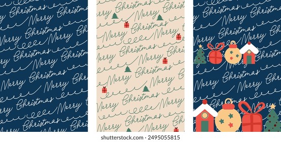 Set of festive Christmas posters in beige and blue with pattern and handwritten text Merry Christmas, gift boxes, trees, decorations and festive icons. Perfect for wrapping paper, greeting cards