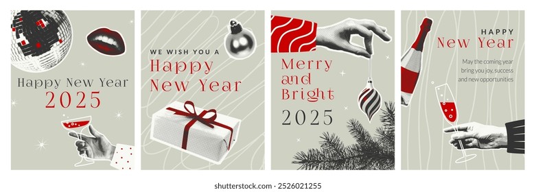 A Set of festive Christmas retro posters with halftone elements lips, hands with a glass, champagne, gift, disco ball. Trendy vector templates with photocopy effect for greeting card, invitation.