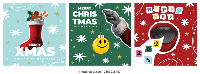 A Set of festive Christmas retro posters with halftone elements, hands with ornament, mouth , gift, Santa socks. Trendy templates with photocopy effect for greeting card, invitation, etc. Vector